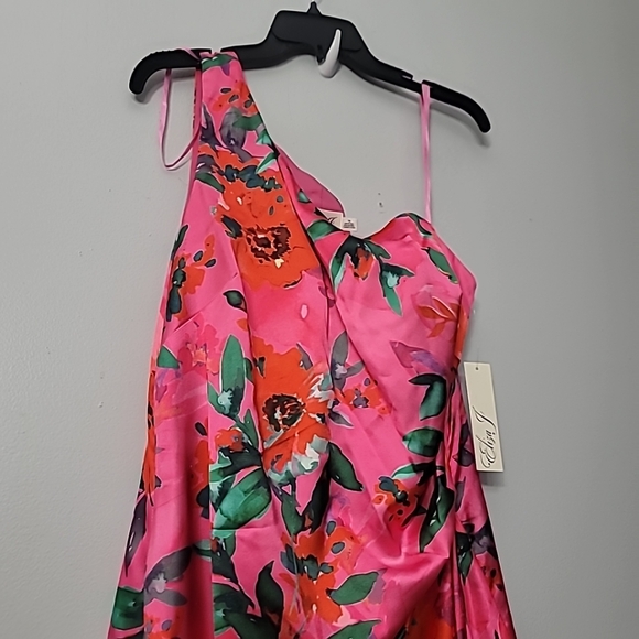 Eliza J  Floral Satin Asymmetric-Hem Midi Dress - Picture 7 of 11